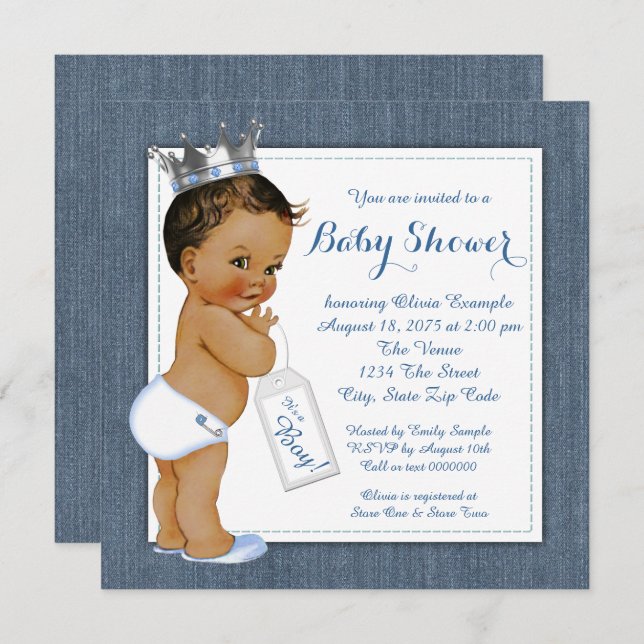 Boys Blue Denim Ethnic Baby Shower Invitation (Front/Back)