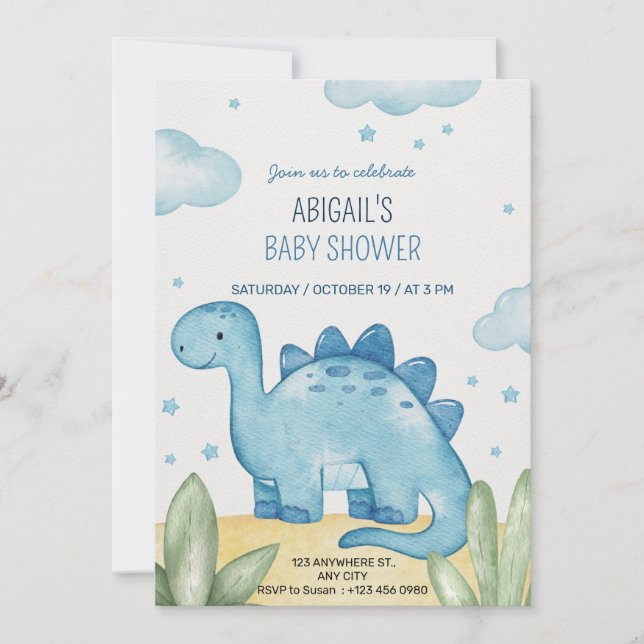 Boys Blue Dinosaur Baby Shower Invitation (Front)