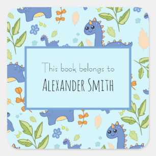 Boys Blue Dinosaur pattern This Book Belongs Name Square Sticker