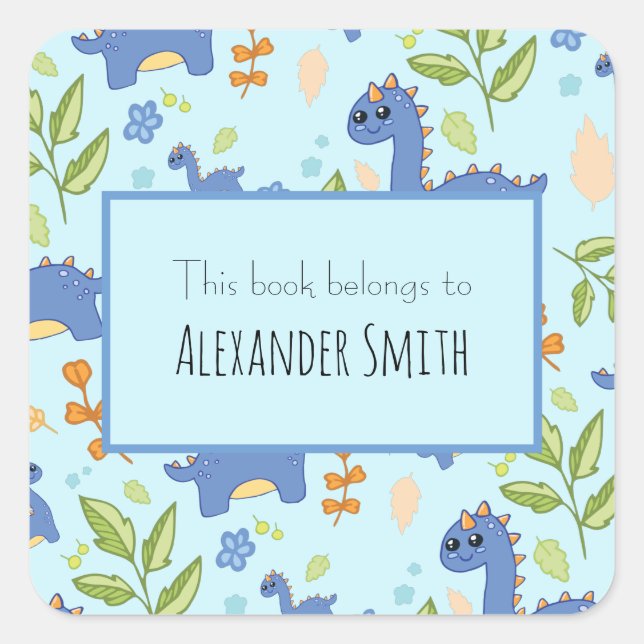 Boys Blue Dinosaur pattern This Book Belongs Name Square Sticker (Front)