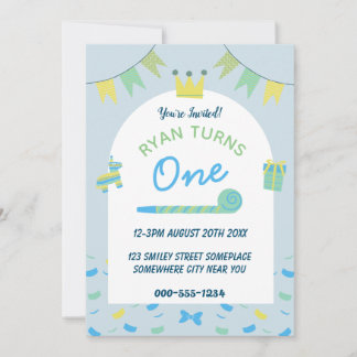 Boys Blue First 1st Birthday Party Invitation