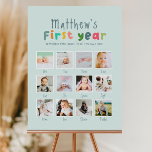 Boys Blue First Year Birthday Photo Collage Poster