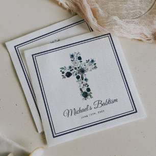 Boy's Blue Floral Cross Babtism Communion Napkin