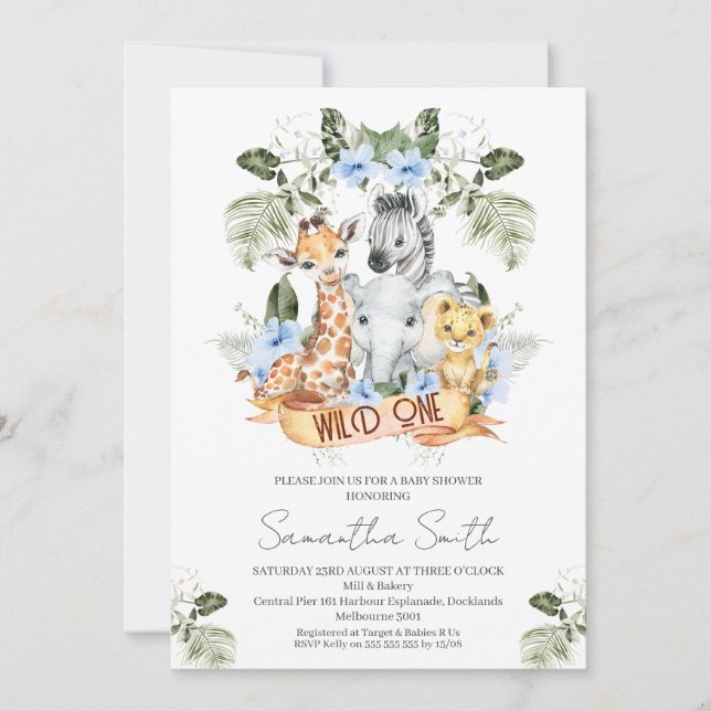 Boys Blue Floral Safari Wild One Baby Shower Invitation (Front)