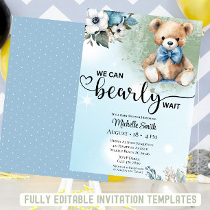Boys Blue Floral Teddy Bear Baby Shower Invitation
