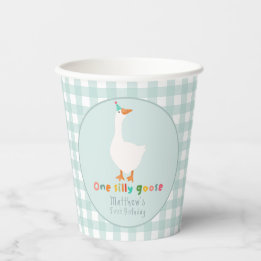 Boys Blue Gingham One Silly Goose 1st Birthday Paper Cups