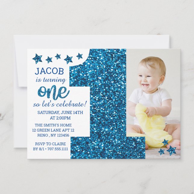 Boys Blue Glitter Photo First Birthday Invitation (Front)