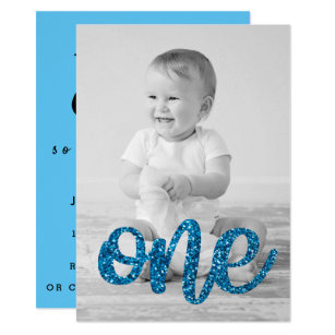 Boys Blue Glitter Photo First Birthday Invitation