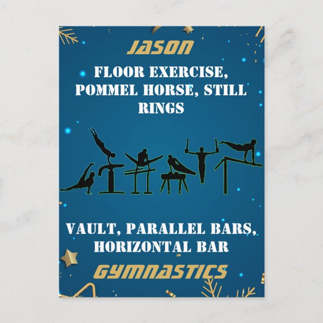 Boys Blue Gold Winter Gymnastics Personalised   Postcard (Front)