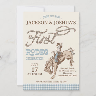Boys Blue Gray Twins First Rodeo 1st Birthday Invitation