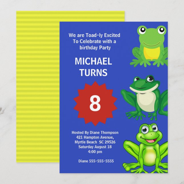 Boys Blue Green Frogs Birthday Party Any Age Invitation (Front/Back)