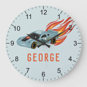 Boys Blue Hot Flames & Racing Car Kids Room Large Clock