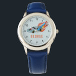 Boys Blue Hot Flames & Racing Car Kids Watch<br><div class="desc">This cool boy's watch design features a blue racing car with black wheels and hot flames, numbers, and has place for you to add your kids name in simple typography. The perfect gift for any racing car enthusiast. Check out the rest of our collection for other cute kids items.</div>
