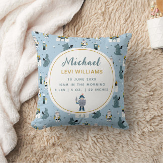 Boys Blue Knight Castle Dragon Birth Stats Nursery Cushion
