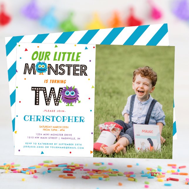 Boys Blue Monster Second Birthday Party Invitation (Boys Blue Monster Second Birthday Party Invitation)