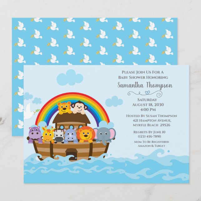 Boys Blue Noah's Ark Baby Shower Invitation (Front/Back)