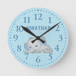 Boys Blue Personalised Cute Elephant Baby   Round Clock