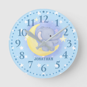 Boys Blue Personalised Cute Elephant Moon Stars Round Clock