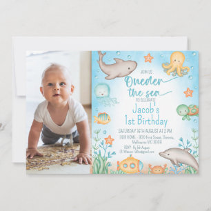 Boys Blue Photo Oneder the Sea 1st Birthday Invitation