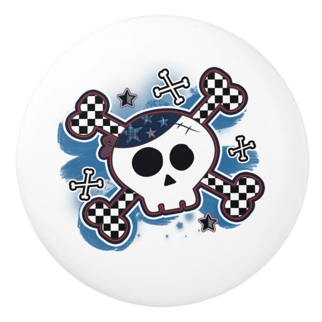 Boys Blue Pirate Skull Crossbones Punk Dresser Ceramic Knob (Front)
