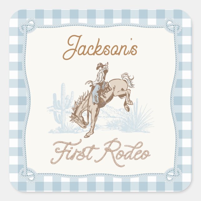 Boys Blue Plaid Cowboy 1st Rodeo  Square Sticker (Front)