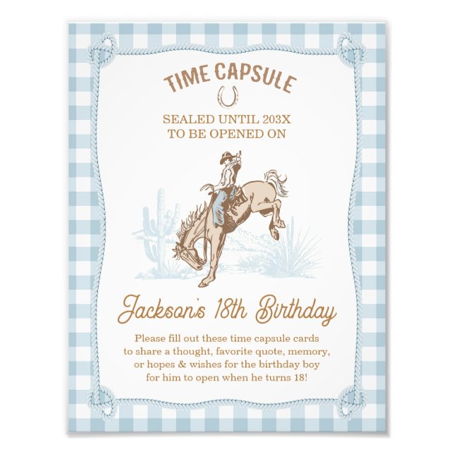 Boys Blue Plaid Cowboy 1st Rodeo Time Capsule Sign (Front)