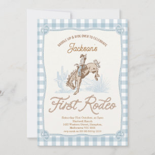 Boys Blue Plaid Cowboy First Rodeo 1st Birthday Invitation