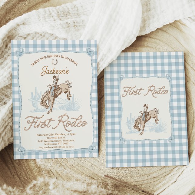Boys Blue Plaid Cowboy First Rodeo 1st Birthday Invitation (Boys Blue First Rodeo 1st Birthday Invitation Western Cowboy 1st Birthday Invite, Buffalo Plaid Rope)