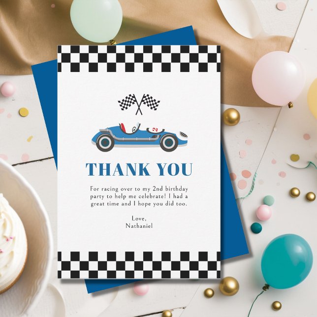 Boy's Blue Racing Car Birthday Flat Thank You Card (Creator Uploaded)