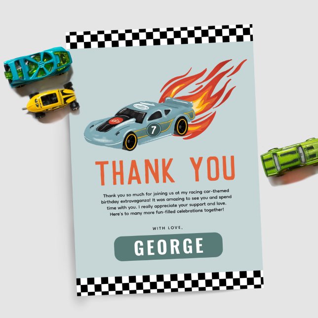 Boys Blue Racing Car Kids Birthday Thank You Card (Creator Uploaded)