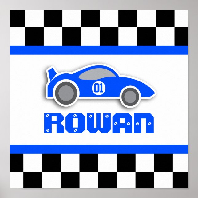 Boys blue racing car personalised poster (Front)