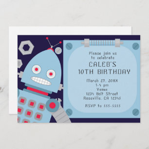 Boys Blue Robot Custom Birthday Party Invitations