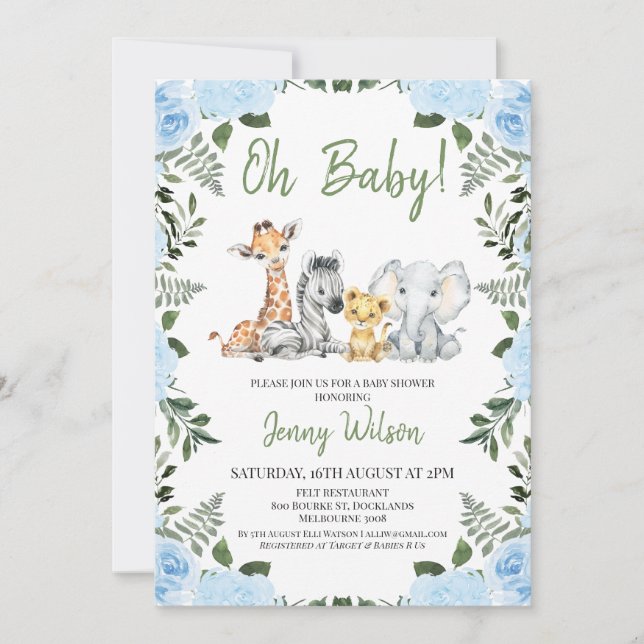 Boys Blue Roses Foliage Safari Baby Shower Invitation (Front)