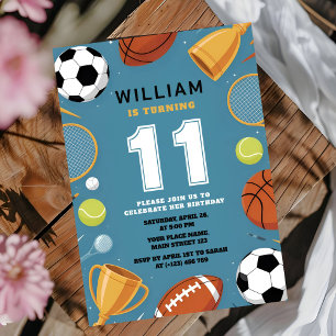 Boys Blue Sports Theme Birthday Party Invitation