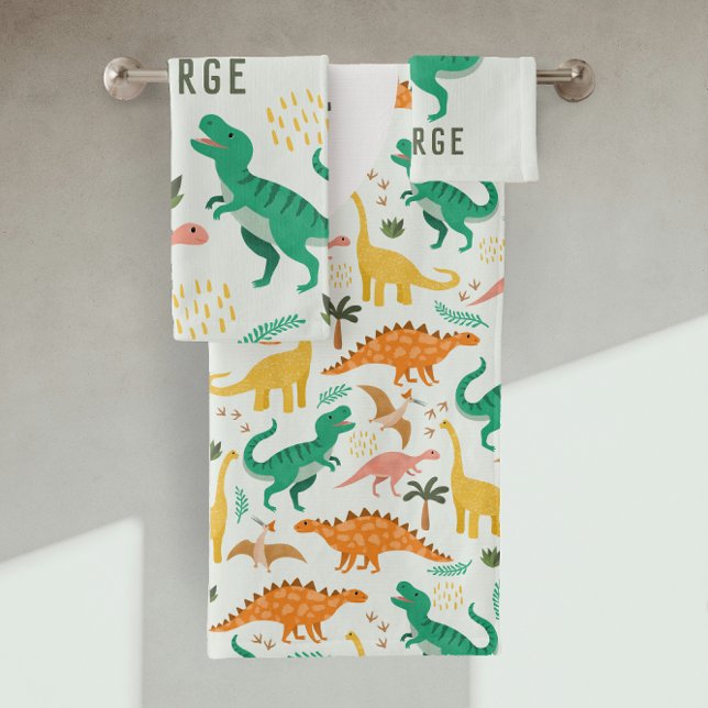 Boys Blue T-Rex Jungle Dinosaur Monogram Kids Bath Towel Set (Creator Uploaded)