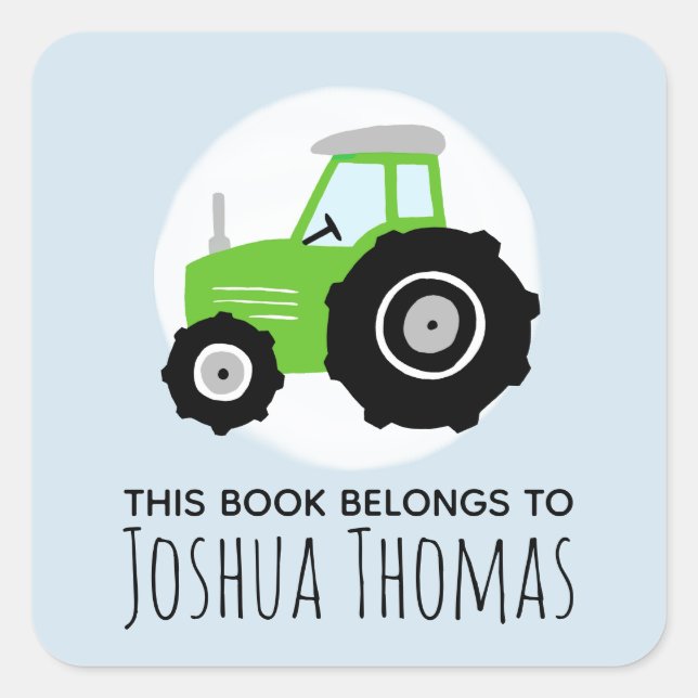Boys Blue This Book Belongs Green Tractor Kids Square Sticker (Front)