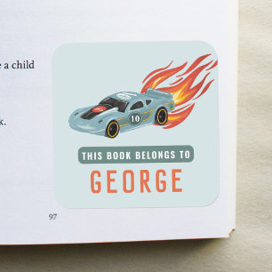 Boys Blue This Book Belongs Hot Flames & Car Kids Square Sticker