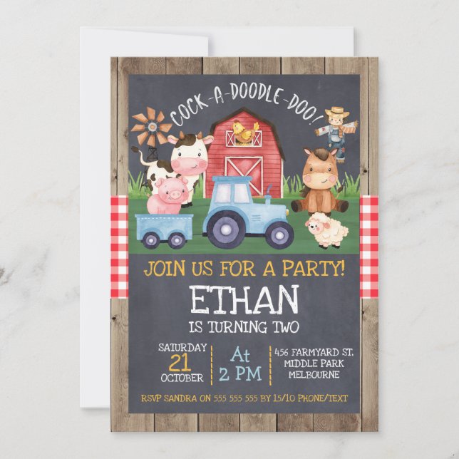Boys Blue Tractor Chalkboard Farm Birthday Invitation (Front)