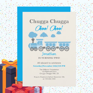Boys Blue Train 2nd Birthday Party Invitation