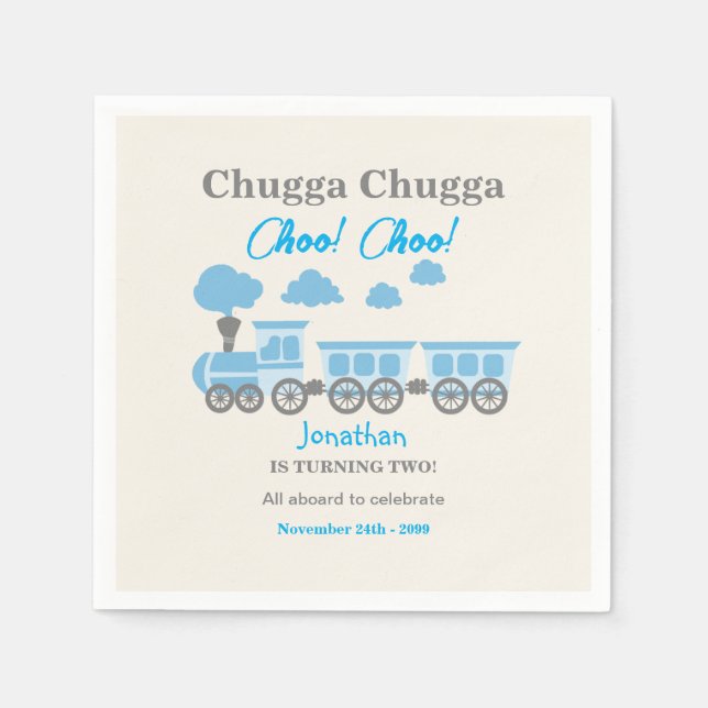 Boys Blue Train 2nd Birthday Party Napkin (Front)