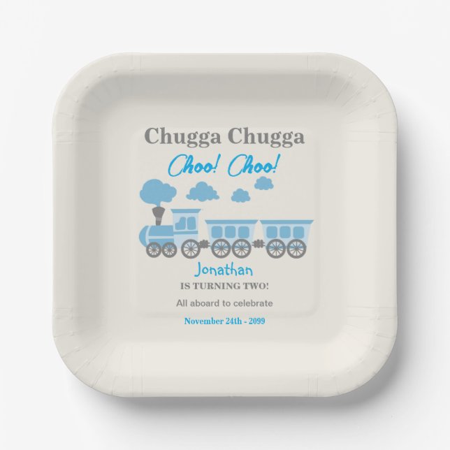 Boys Blue Train 2nd Birthday Party Paper Plate (Front)