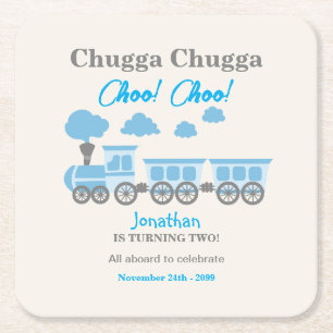 Boys Blue Train 2nd Birthday Party Square Paper Coaster