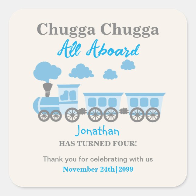 Boys Blue Train Any Age Birthday Party Square Sticker (Front)