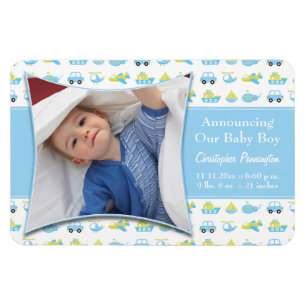 Boys blue travel time baby announcement magnet