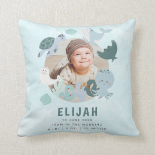 Boys Blue Under The Sea Birth Stats Custom Photo Cushion