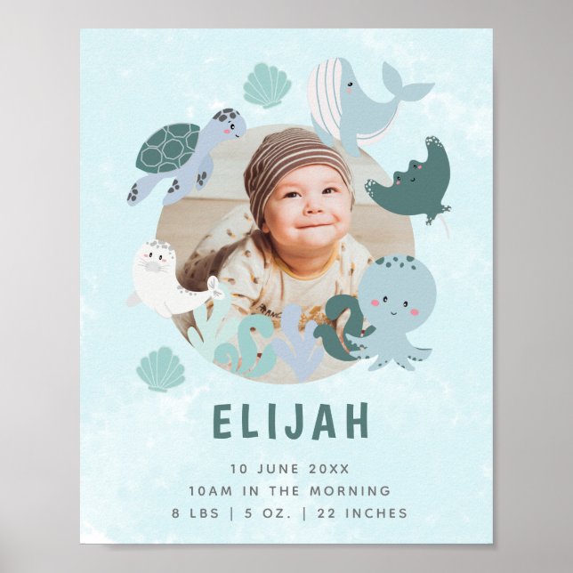 Boys Blue Under The Sea Birth Stats Photo Nursery  Poster (Front)