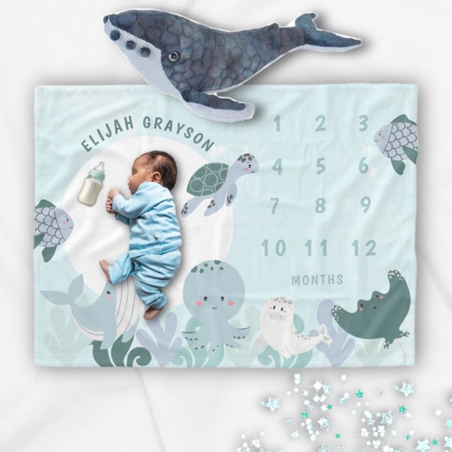 Boys Blue Under The Sea Monthly Milestone Baby Fleece Blanket (Creator Uploaded)
