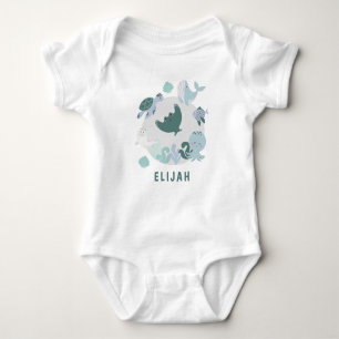 Boys Blue Under The Sea Ocean Animals WIth Name Baby Bodysuit