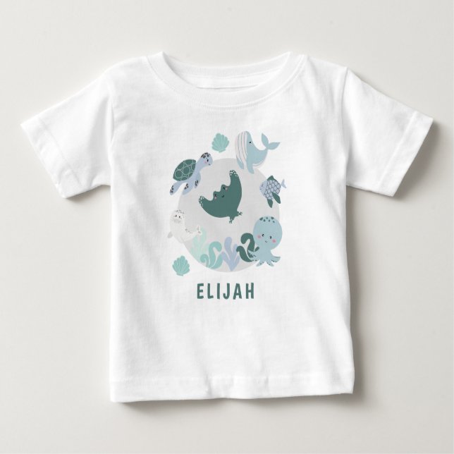 Boys Blue Under The Sea Ocean Animals WIth Name Baby T-Shirt (Front)