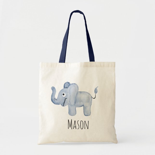 Boy's Blue Watercolor Baby Elephant Safari Name Tote Bag (Front)